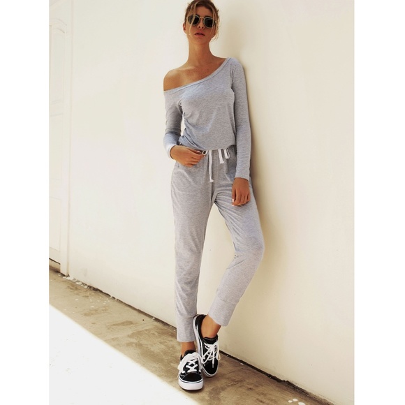 Off Shoulder Contrast Drawstring Grey Jumpsuit - Picture 5 of 12